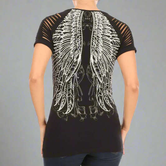 Women's Rhinestone Angel Wing Raglan Top - Velora Luxury Fashion