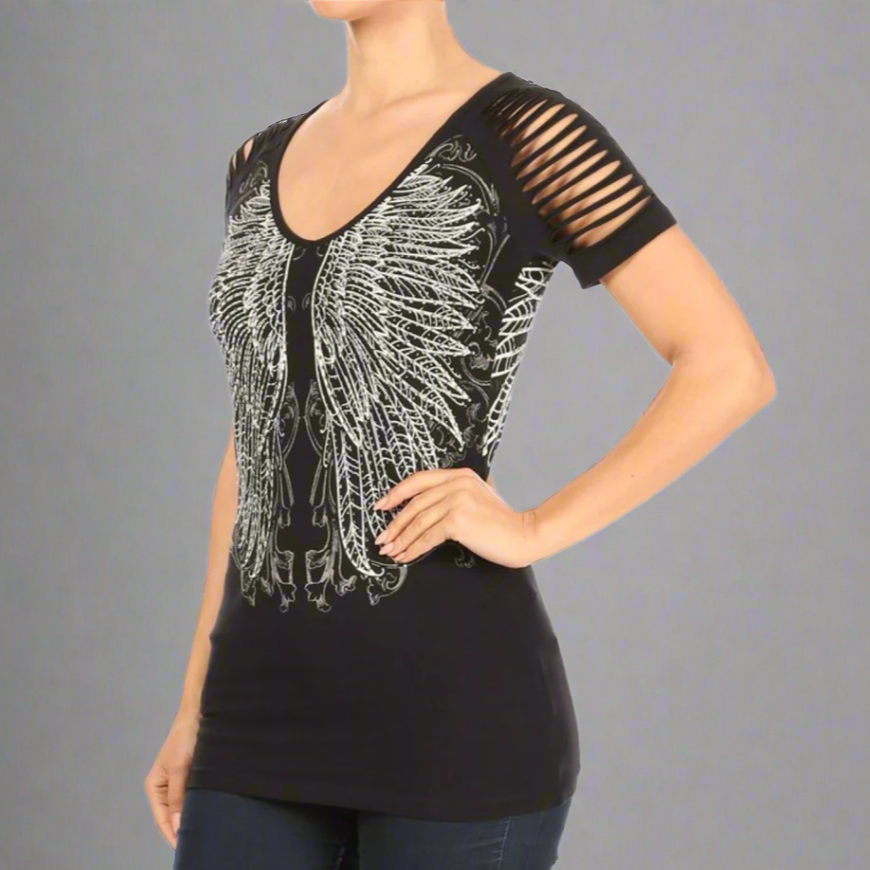 Women's Rhinestone Angel Wing Raglan Top - Velora Luxury Fashion