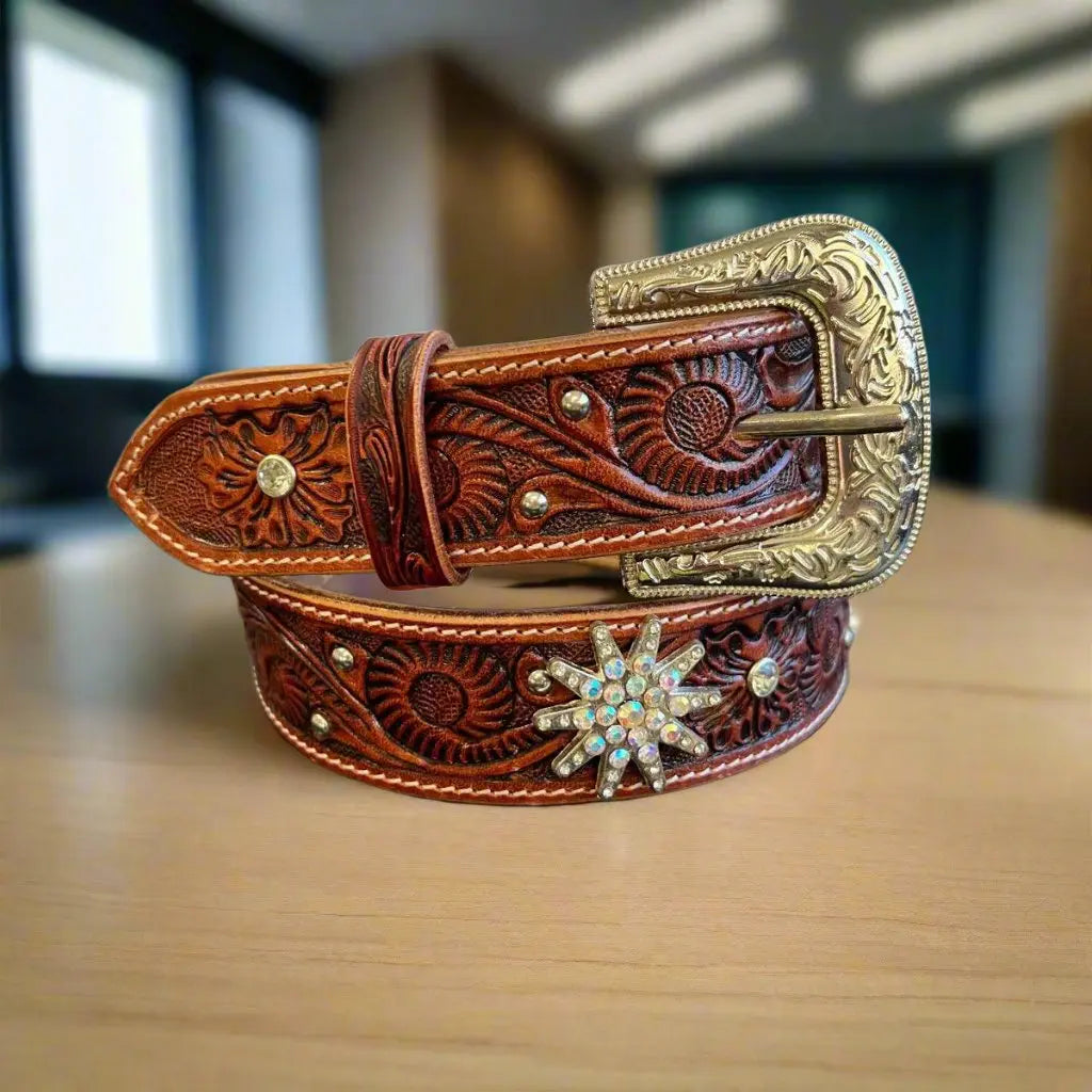 Women's Embossed Western Leather Belt with Bling Stars Boutique of Leathers/Open Road