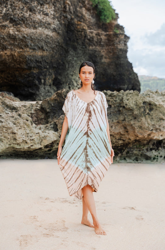 Tie Dye Lapis Ombre Kaftan Dress - Mint & Brown
