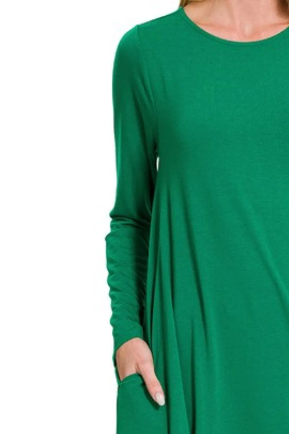 Zenana Long Sleeve Flare Dress With Pockets - Velora Luxury Fashion