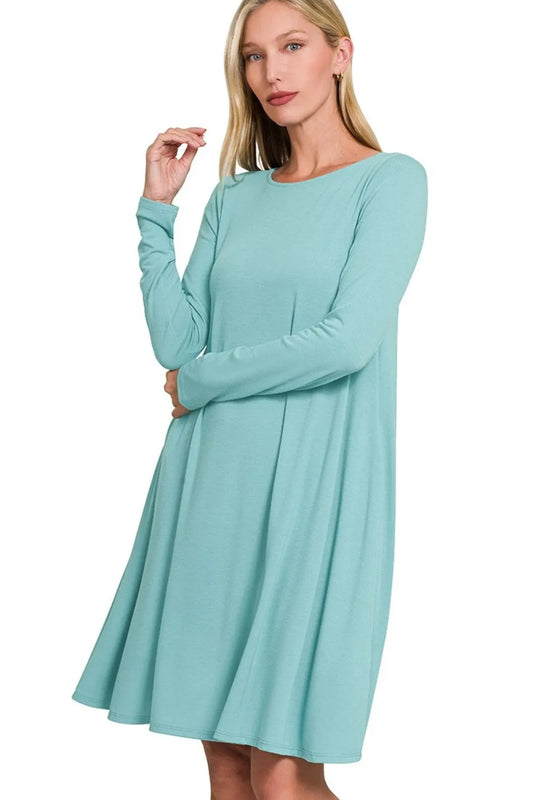 Zenana Long Sleeve Flare Dress With Pockets - Velora Luxury Fashion
