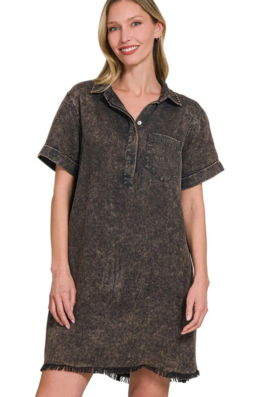 Zenana Tencel Mineral Washed Collared Shirts Dress - Velora Luxury Fashion