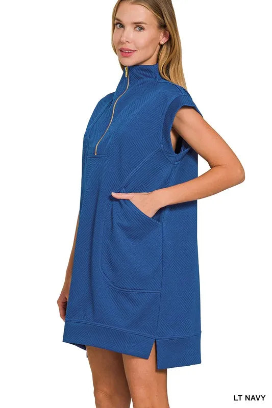 Zenana Textured Knit Jacquard Quarter Zipper Mini Dress - Velora Luxury Fashion