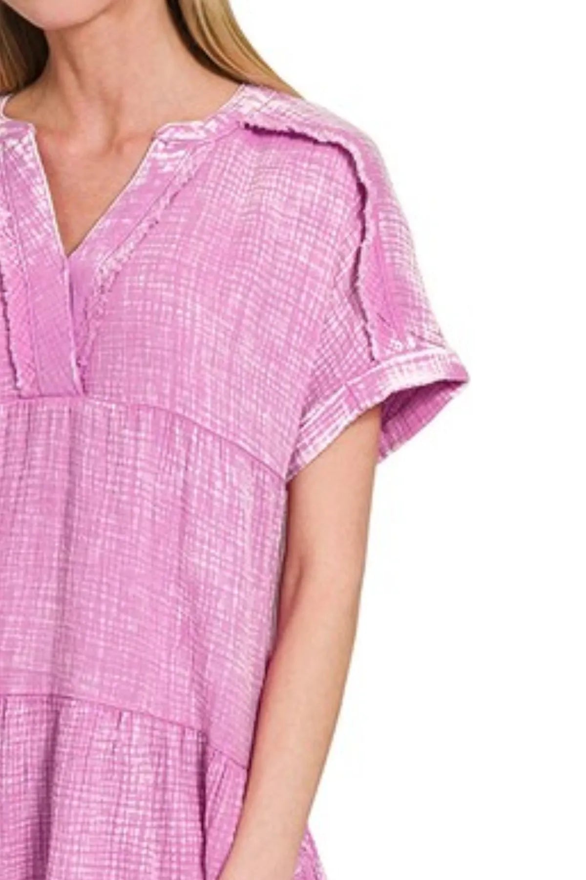 Zenana Washed Double Gauze Raw Edge V-neck Dress - Velora Luxury Fashion