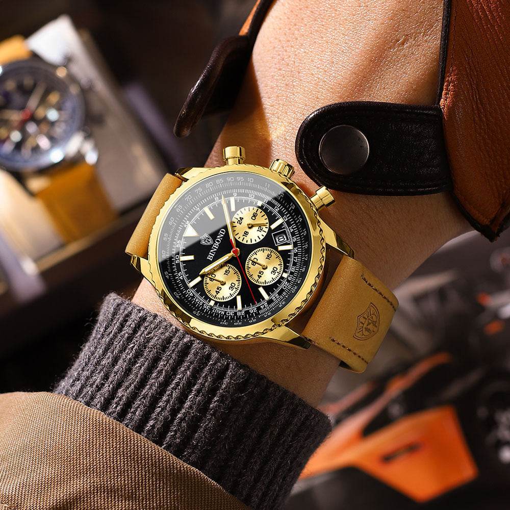 Men's Multi-functional Ultra-thin Business Style Leather Belt Waterproof Luminous Calendar Watch - Velora