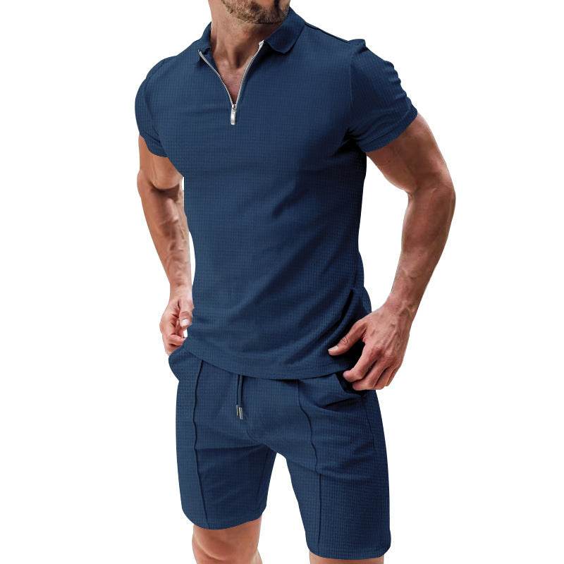 2Pcs Casual Waffle Suit Summer Zipper Lapel Short-sleeved Top And Drawstring Pockets Shorts Versatile Solid Color T-shirt Set For Mens Clothing - Velora