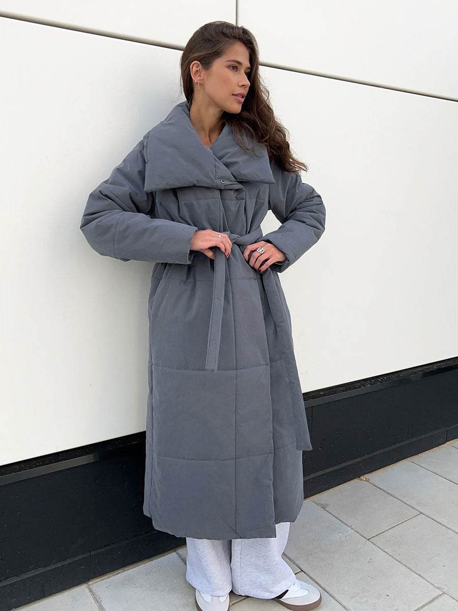 Fashion Large Lapel Long Coat Winter Warm Cotton Jacket With Pockets And Lace-up Design Casual Solid Color Thick Coat For Women Outwear Clothing - Velora