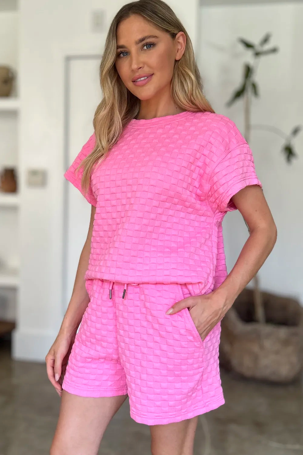 Double Take Full Size Texture T-Shirt and Shorts Set - Velora