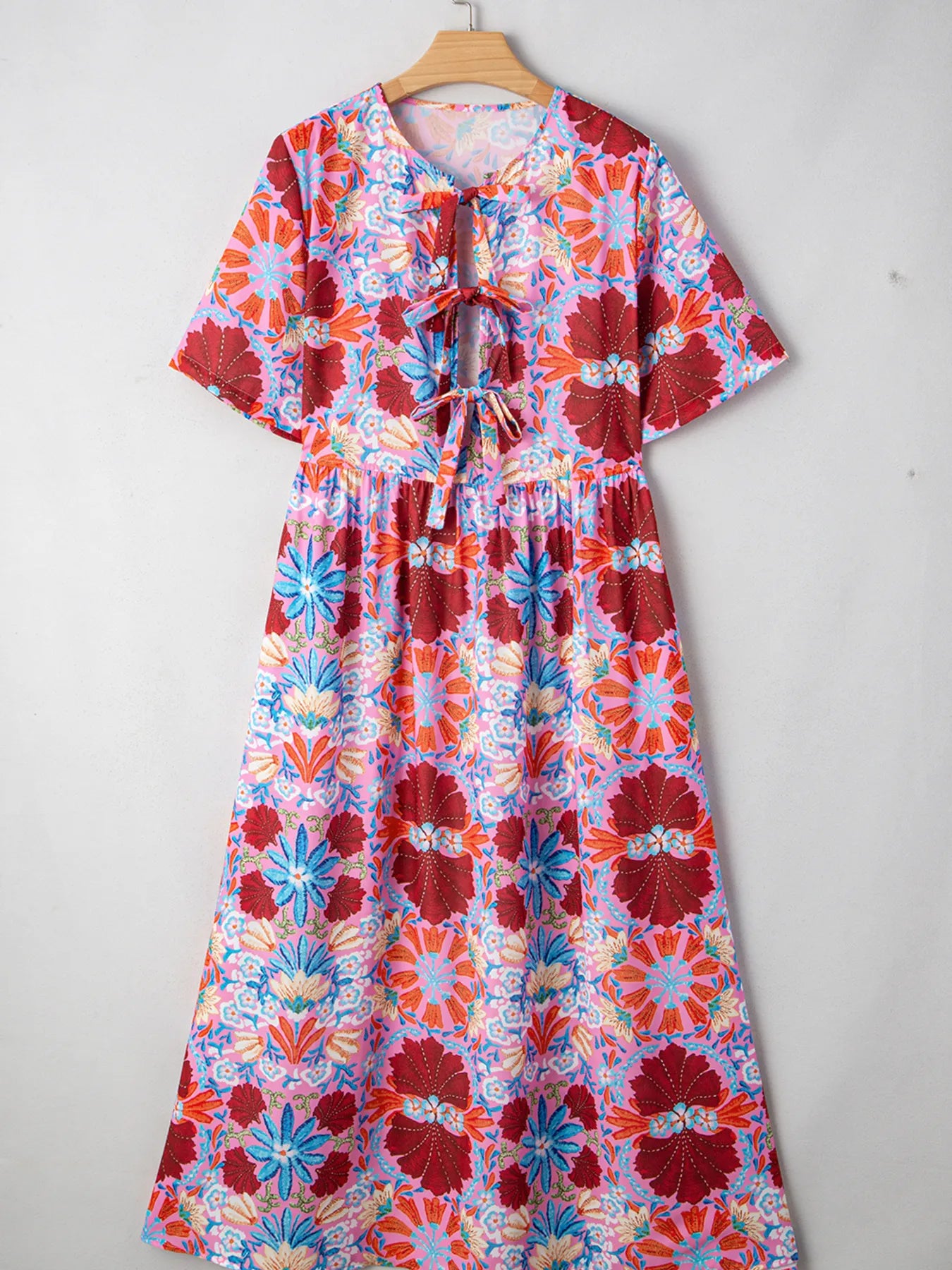 Floral Print Tie Front Midi Dress - Velora