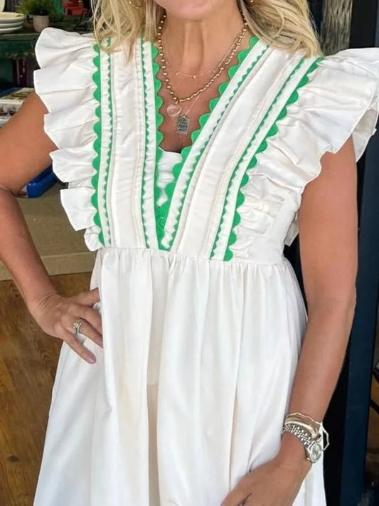 Full Size Contrast Trim Ruffled Cap Sleeve Dress Plus Size - Velora