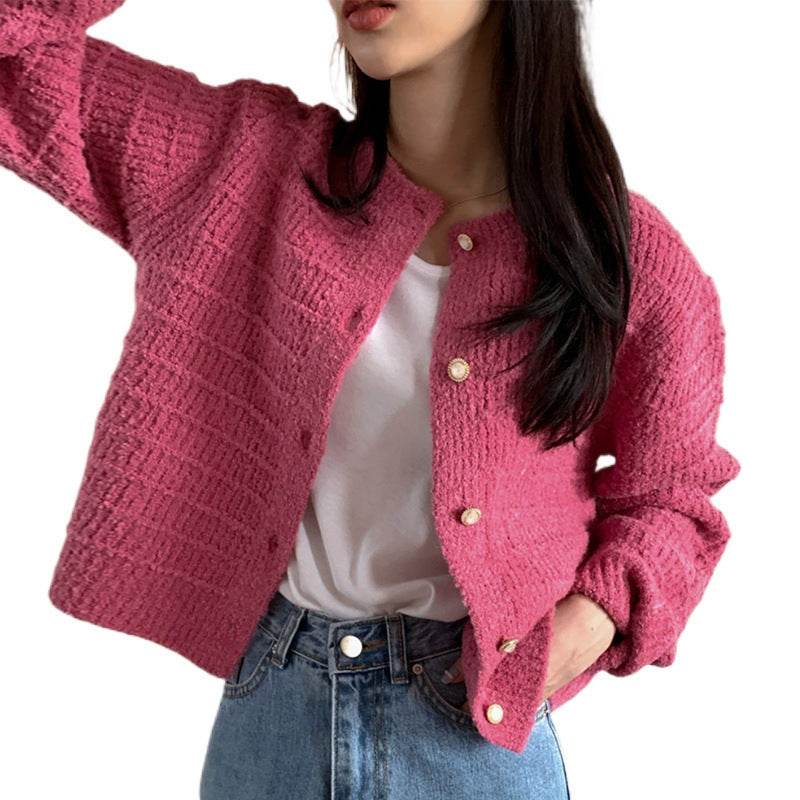 Round Neck Texture Woven Design Loose Long Sleeve Short Knitted Sweater - Velora