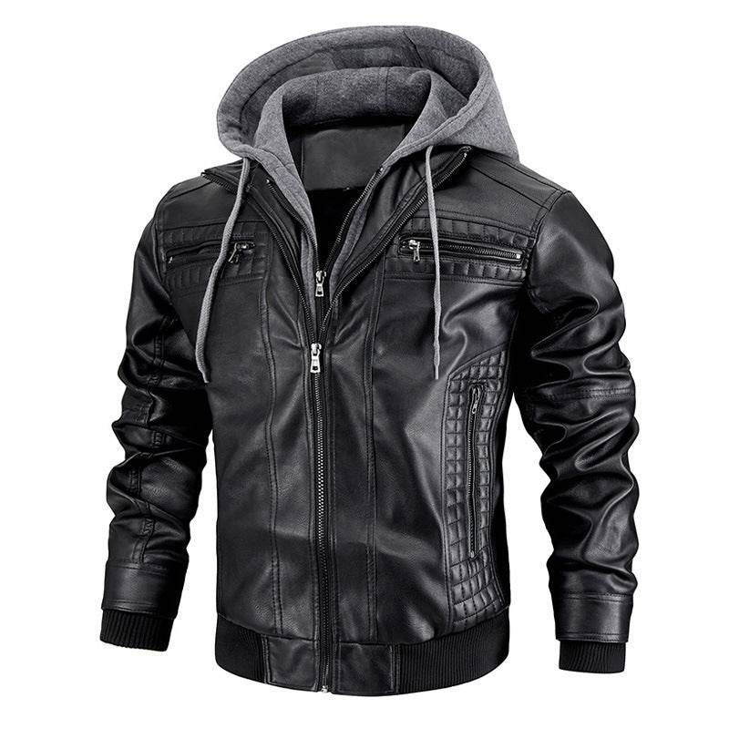 Hooded Jacket With Zipper Pockets Fashion Warm Pu Leather Coat Mens Clothing - Velora