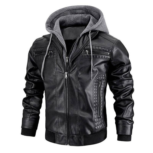Hooded Jacket With Zipper Pockets Fashion Warm Pu Leather Coat Mens Clothing - Velora