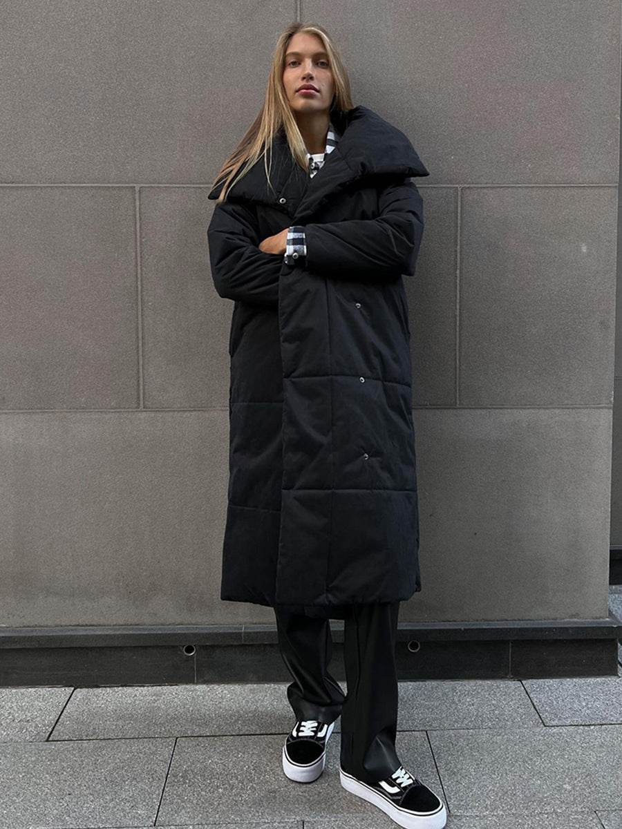 Fashion Large Lapel Long Coat Winter Warm Cotton Jacket With Pockets And Lace-up Design Casual Solid Color Thick Coat For Women Outwear Clothing - Velora