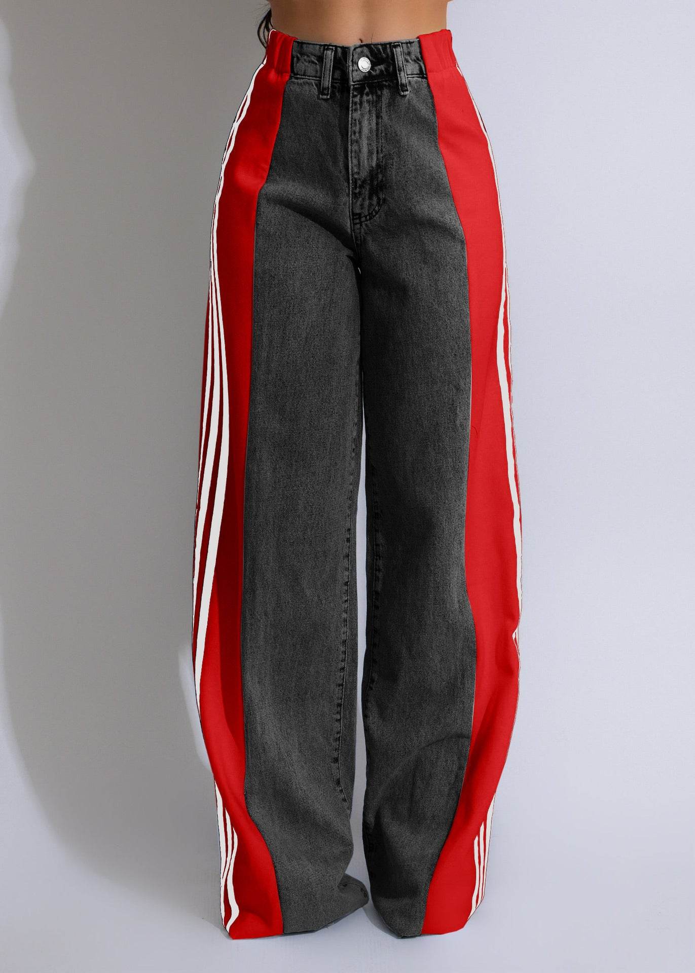 2024 Fashion Casual High Waist Elastic Straight Leg Trousers Three Stripe Patchwork Denim Wide Leg Pants Streetwear - Velora