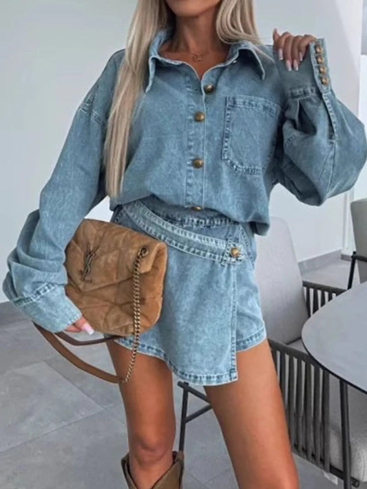 Button-Front Shirt and Mini Skirt Oversized Denim Set - Velora