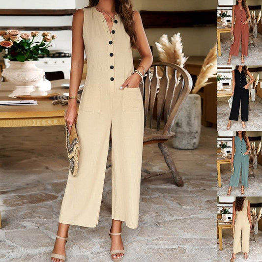 Fashion Sleeveless Jumpsuit With Button Design Casual Temperament Wide Leg Pants For Womens Clothing - Velora