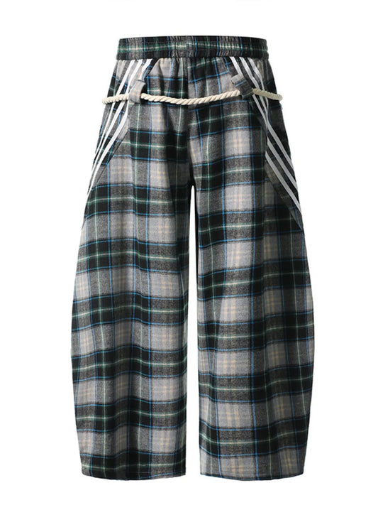 Plaid Casual Pants with Side Stripes - Velora