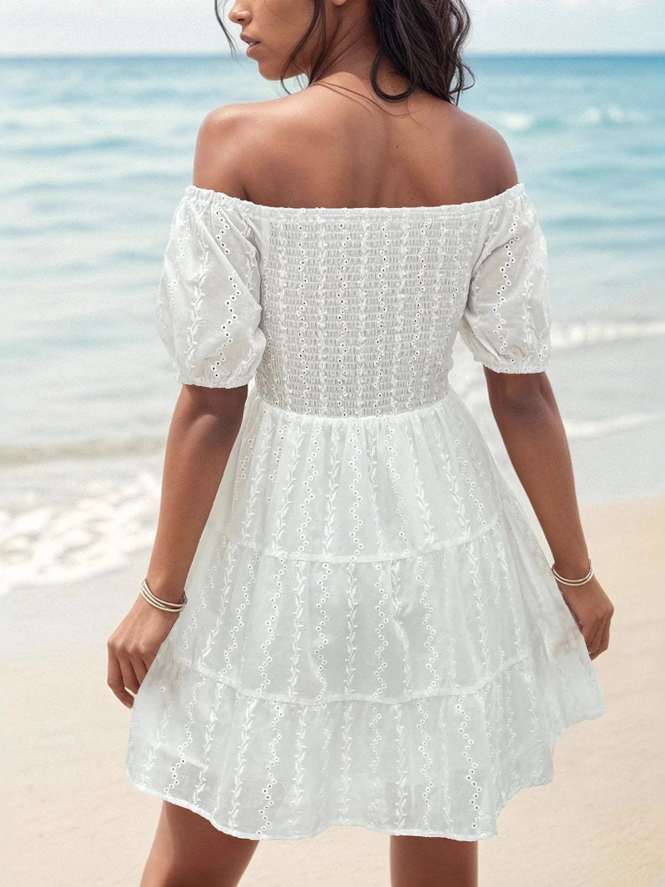 Off-Shoulder Smocked Eyelet Summer Dress - Velora