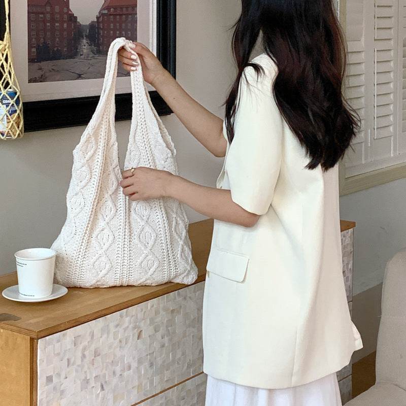 GWomen Shoulder Bags Portable Retro Hollow Knitted Woolen Yarn Bag Shoulder Tote Bag Solid Color Crochet Bag Large Capacity Shopping Tote Bags - Velora