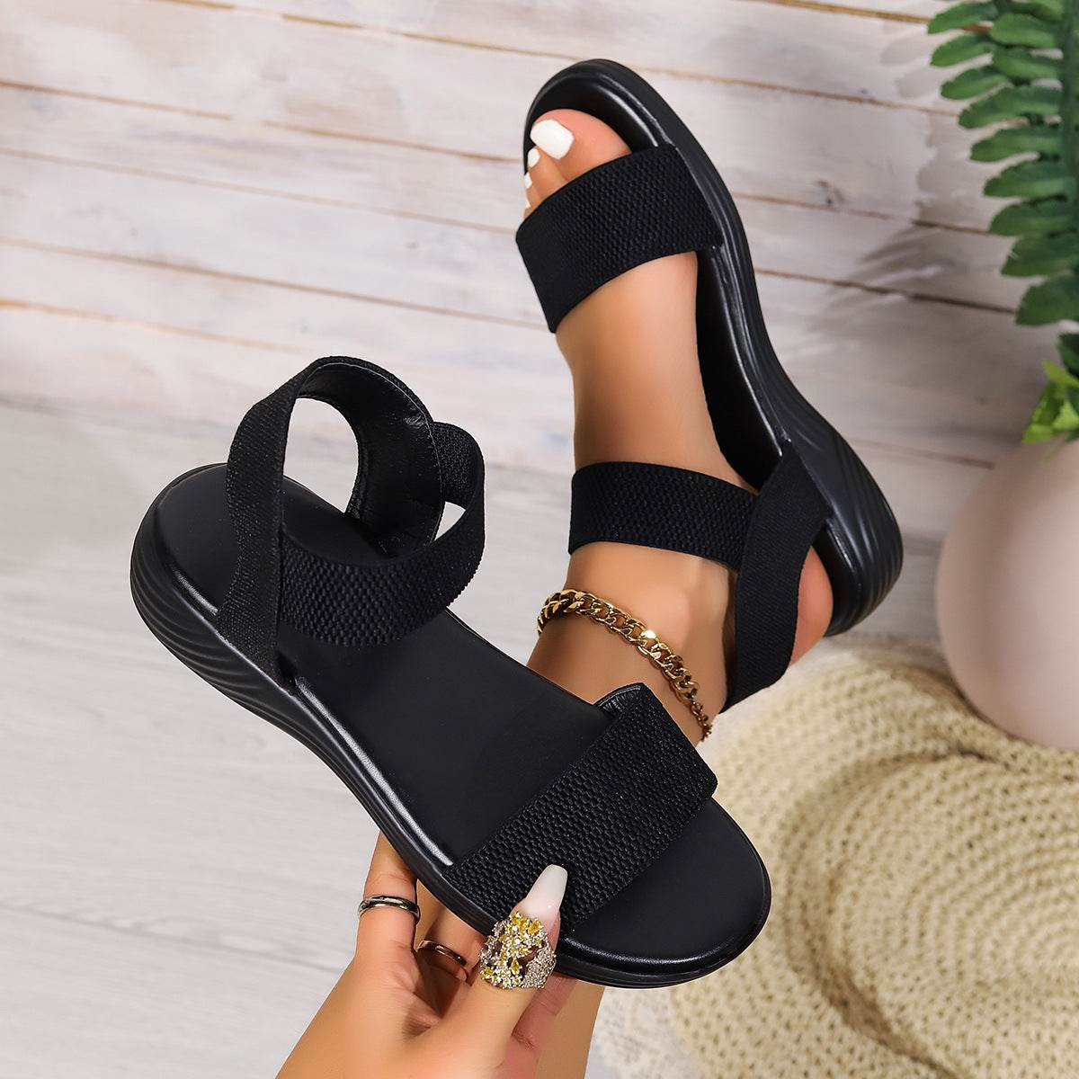 Fashion Color-block Elastic Sandals Summer Fashion Fish Mouth Flat Shoes For Women - Velora