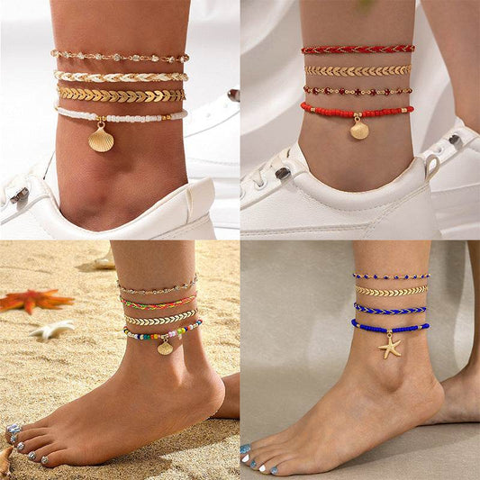 4pcs Set Bohemian Woven Rope Foot Chain For Men And Women Geometric Alloy Black Beads Dropping Oil Anklet Set Summer Fashion Jewelry - Velora