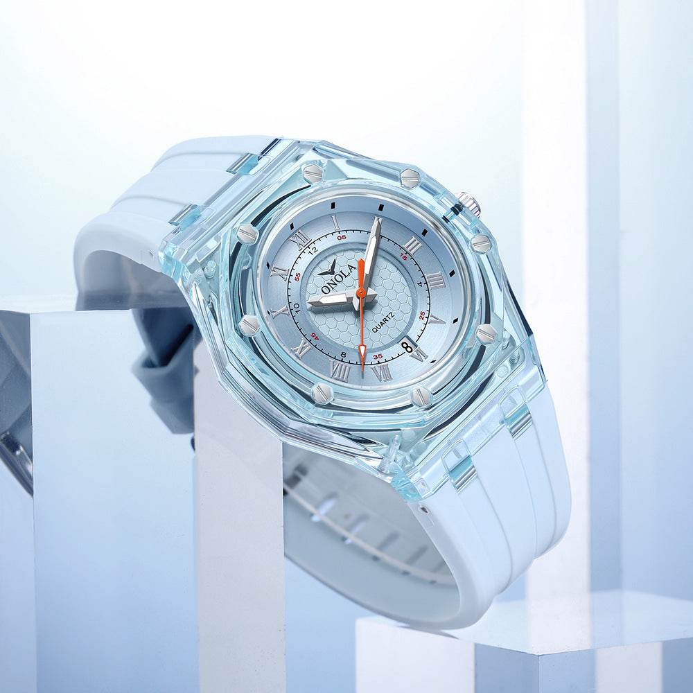 Fashion Neutral Transparent Case Silicone Band Waterproof Quartz Watch - Velora