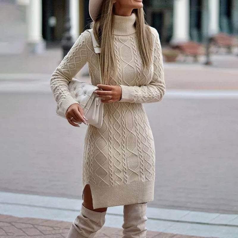 Fashion Turtleneck Knitted Dress With Slit Design Winter Warm Solid Color Pullover Long Sweater Women's Clothing - Velora