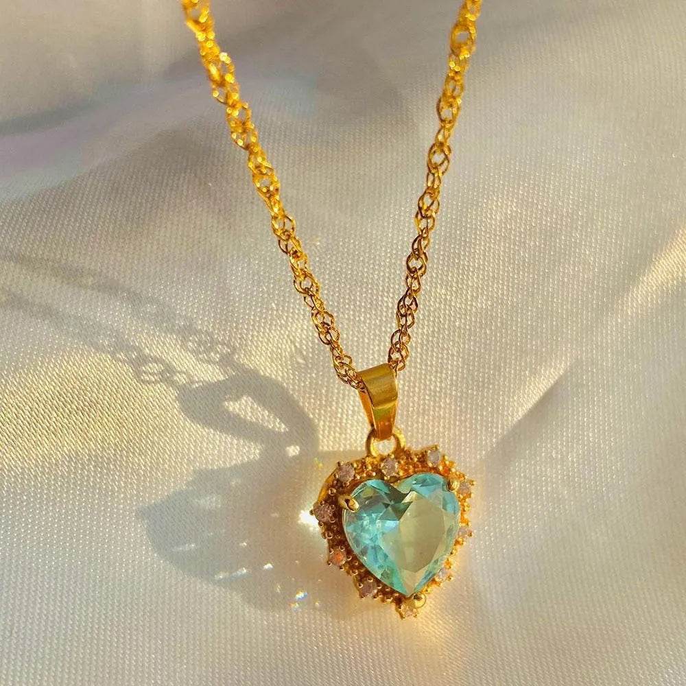 Colorful Rhinestones Heart-shped Necklace Love Gold Clavicle Chain Ins Personalized Jewelry For Women Valentine's Day - Velora