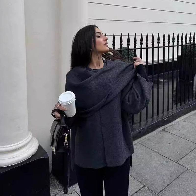 Solid Knitted Cardigan With Asymmetrical Scarf Design Fashion Short Coat Women Overcoat Jacket Winter - Velora