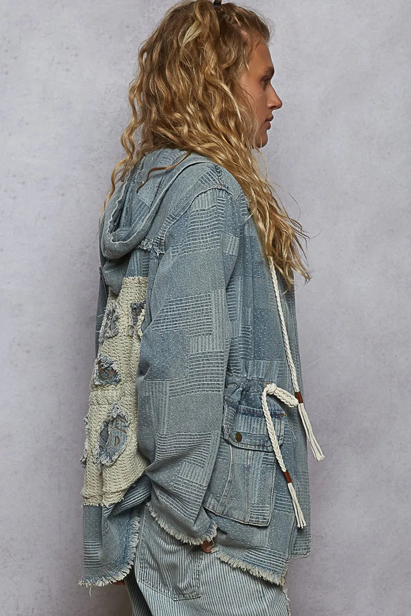POL Raw Hem Drawstring Zip Up Hooded Denim Jacket - Velora