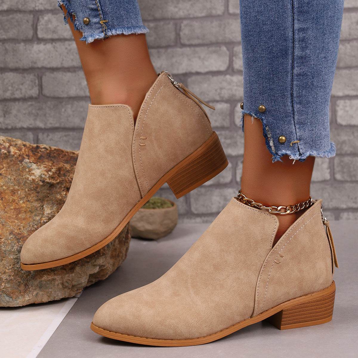 Chunky Heel Pointed Toe Ankle Boots With V-cut Design Fashion Fall Winter Short Boots For Women Shoes - Velora