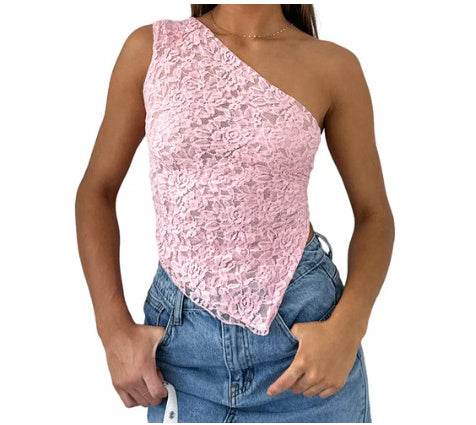 Ins Lace Backless Top Summer Solid Color Waistless Asymmetrical Sloped Neck Vest Streetwear Womens Clothes - Velora