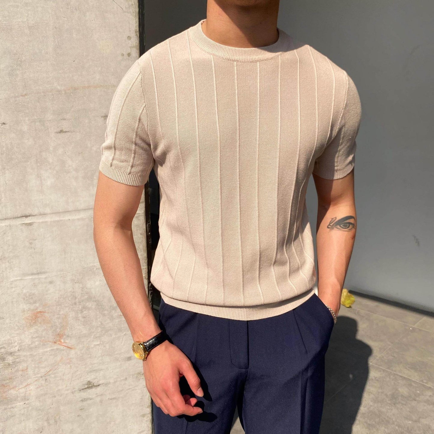 Short Sleeve Knitted T-shirt Summer Men's Light Round Neck Thin Tops - Velora