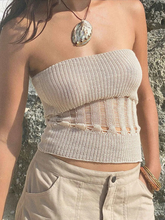 Openwork Knit Tube Top - Velora
