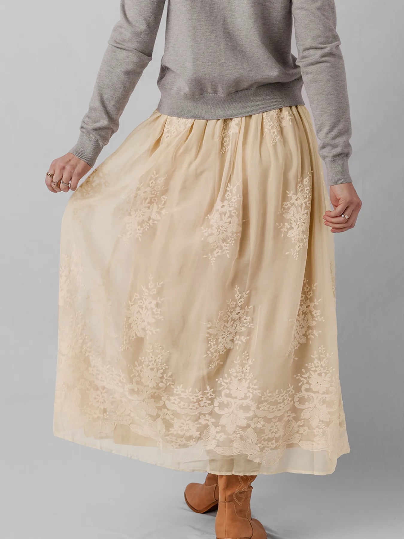 Embroidered Mesh Overlay Flowy Midi Skirt - Velora