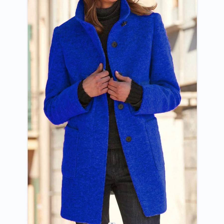 Fashion Stand Collar Woolen Coat With Pockets Fall Winter Casual Button Outwear For Women Clothing - Velora
