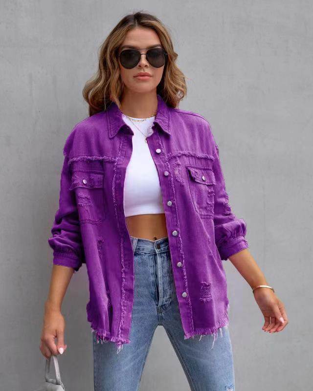 Fashion Ripped Shirt Jacket Female Autumn And Spring Casual Tops Womens Clothing - Velora