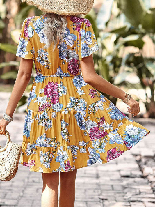 Women Casual floral summer dress Printed V-neck short sleeve Mini Dress - Velora