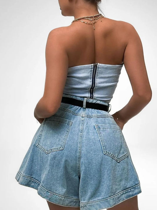 Sweetheart Neck Tube Top and Shorts Denim Set - Velora