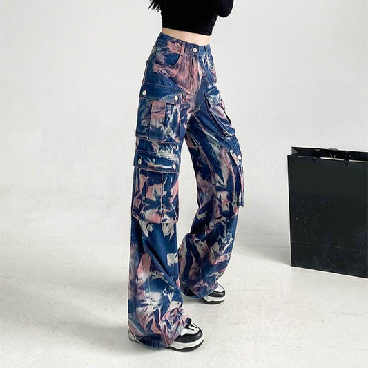 New Tie-dye Baggy CargoTrousers With Pockets Y2K Fashion High Waist Loose Wide Leg Pants Spring And Autumn - Velora