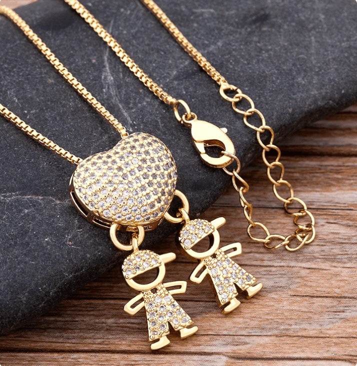 Fashion Jewelry Son Daughter Heart Gold Color Cubic Zirconia Family Girl Boy Pendant Necklace Chain Jewelry For Mother Gift - Velora