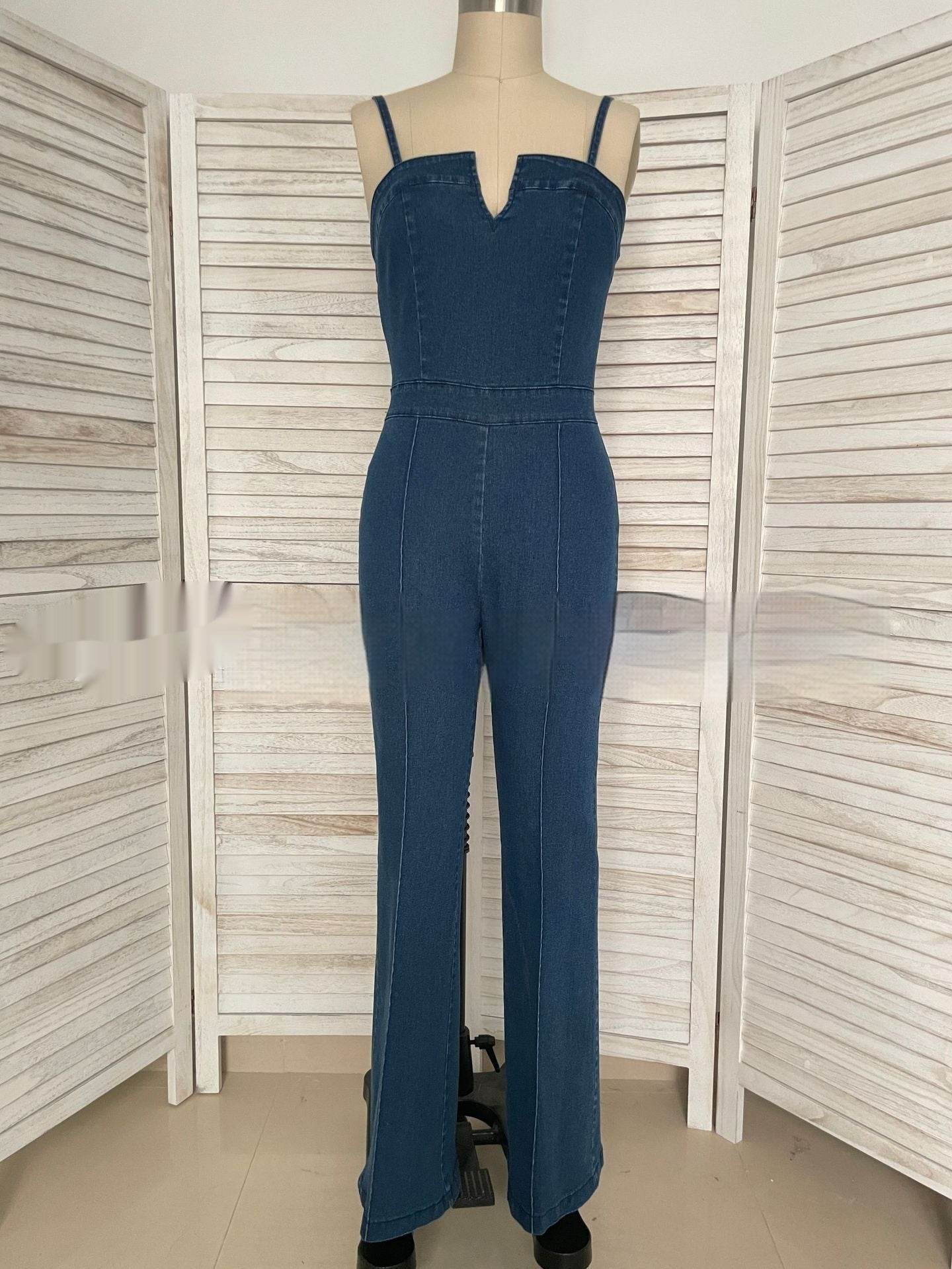 Women Sleeveless Denim Jumpsuit V Neck Wide Leg Flared Jumpsuit High Waist Back Zipper Slim Fit Denim Jumpsuit Jeans Overalls - Velora