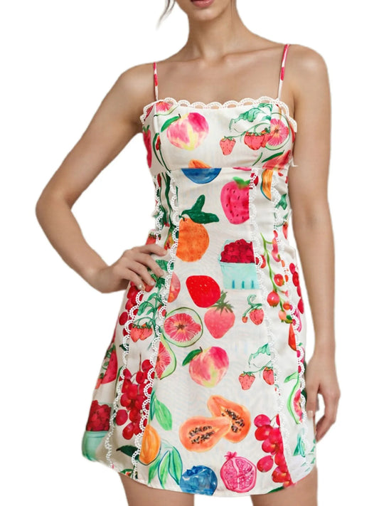 Lace Detail Fruit Print Cami Dress - Velora