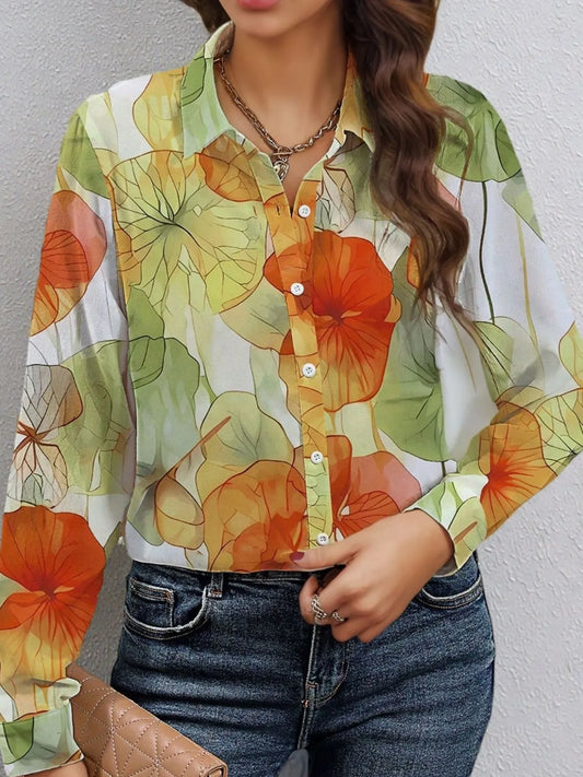 Printed Button Up Long Sleeve Shirt - Velora