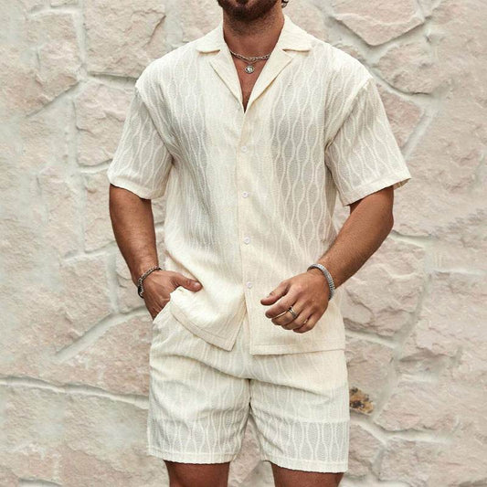 Men Tracksuits Summer Fashion Solid Loose Casual Two Pieces Lapel Button Shirt Shorts Beach Holiday All-match Outfits Male - Velora
