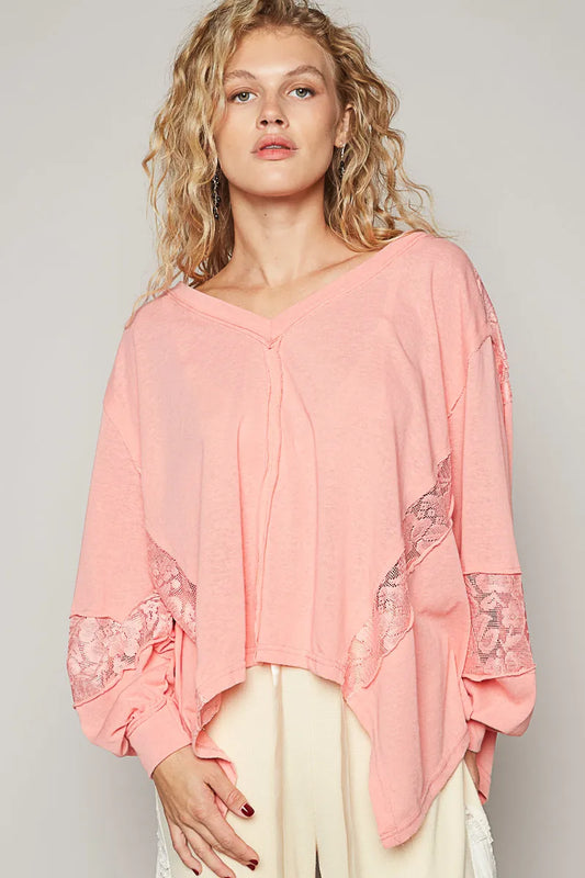 POL V-Neck Long Sleeve T-Shirt with Lace Detail - Velora