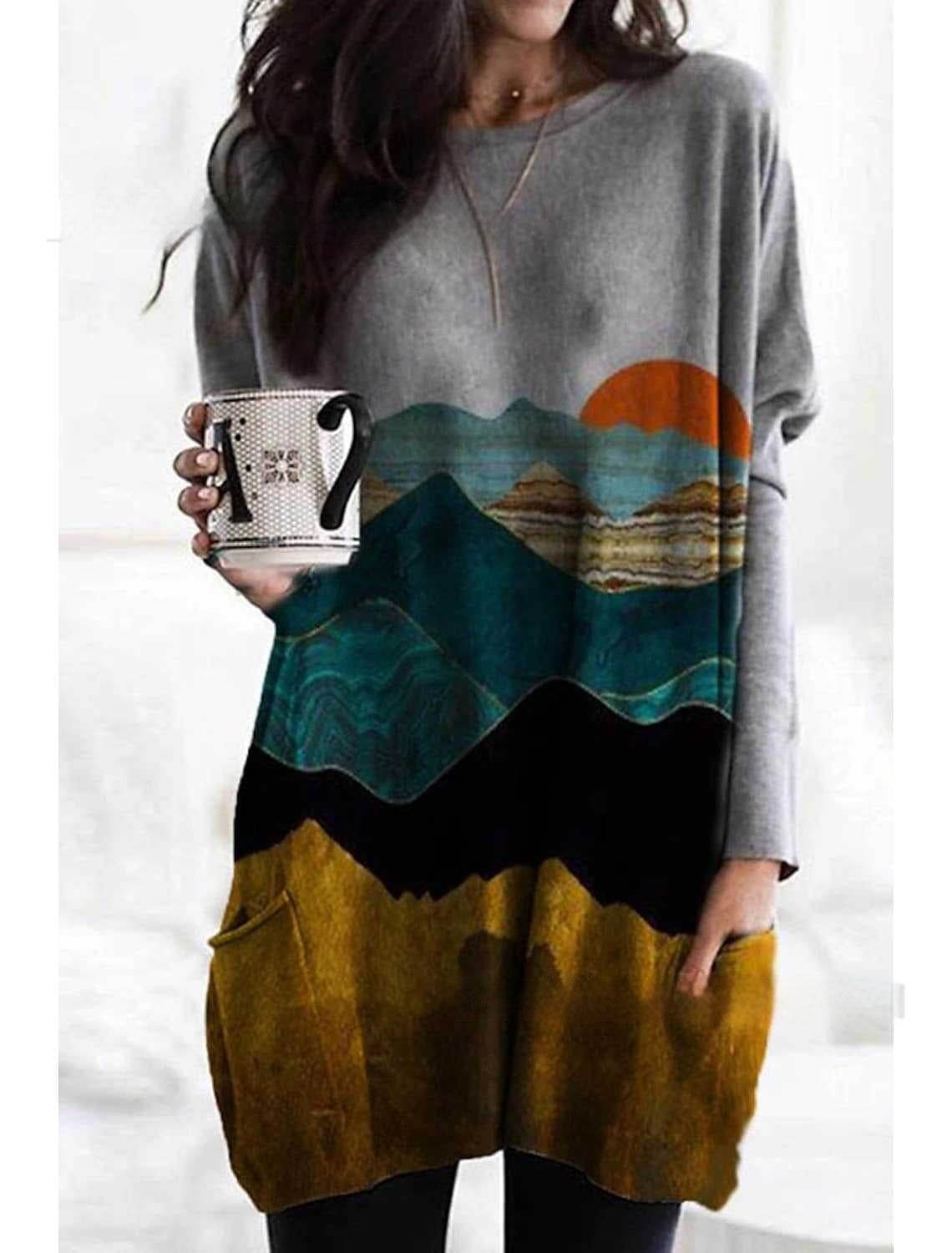 Women's Round Neck Mid-length Long-sleeved T-shirt With Pockets - Velora