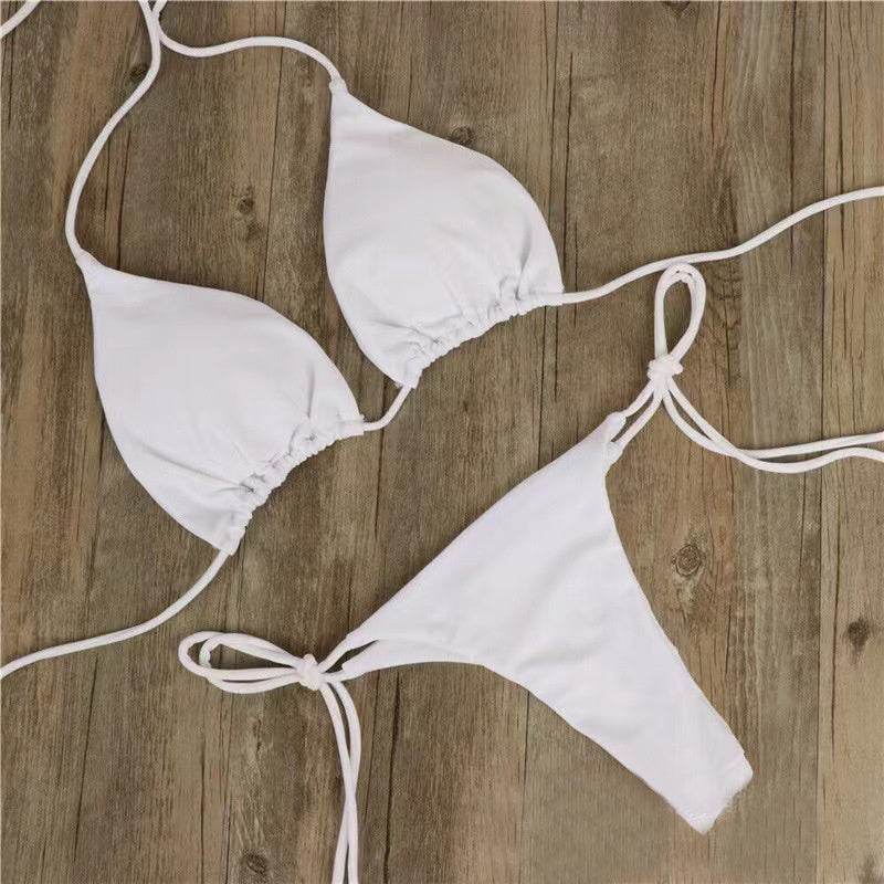 2pcs Halterneck Lace-up Bikini Women Summer Solid Color Sexy Split Strap Adjustable Swimsuit Suit - Velora
